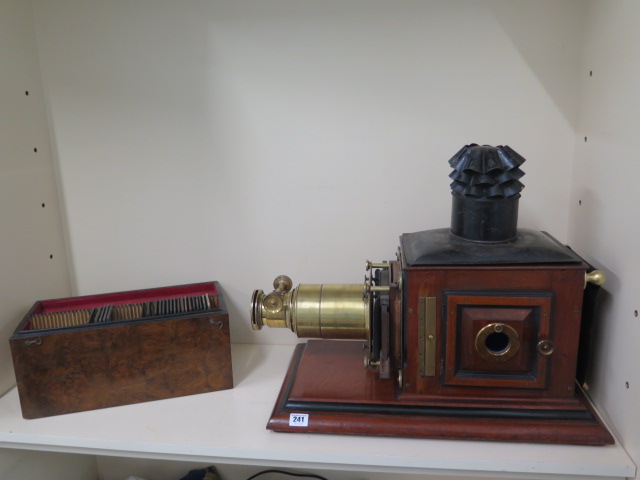 A good Magic Lantern projector - mahogany with brass fittings together with burr walnut slide box