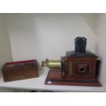 A good Magic Lantern projector - mahogany with brass fittings together with burr walnut slide box