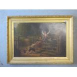 In the style of William Collins RA - Oil on canvas - Playing on the Gate - in a gilt frame - 70cm
