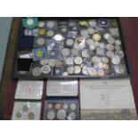 A collection of assorted coinage including 1951 crown, commemorative crowns, a three coin Pesetas