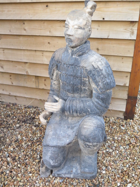 A clay replica Terracotta Army kneeling Archer - Height 117cm x 54cm x 49cm - head detaches - part