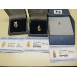 Three 18ct yellow gold GTV pendants, Rutile Euclase and diamond, hot pink sapphire, and yellow Beryl