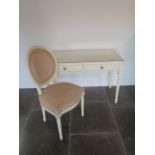 A white two drawer dressing tbale with glass top and side chair - height 74cm x 109cm x 50cm