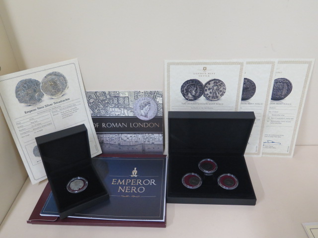 London Mint Office four boxed Roman coins with certificates - Emperor Nero silver Tetradrachm,