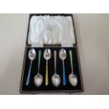 A boxed set of silver enamel coffee spoons Birmingham 1957/58 maker HCD - all good - total weight