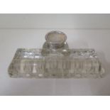 A cut glass desk stand with a silver top inkwell - width 20cm - in good condition