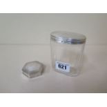 A silver top glass tidy and a 925 silver hexagonal pill box - weighable silver approx 50 grams -