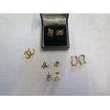 Four pairs of 9ct gold earrings and two single 9ct gold earrings - pearl missing to one - total