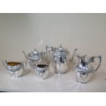 A James Dixon and Sons silver plated five piece coffee tea set, coffee pot 22cm tall - some usage