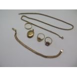 Two 9ct gold dress rings sizes L and N, a 9ct band ring size P, a 9ct locket, a 9ct 48cm chain and a