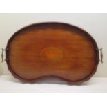 A mahogany kidney shape shell inlaid tray - 59cm x 38cm - some wear but sound clean condition