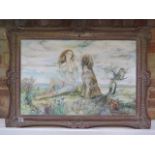 An acrylic on canvas of a young maiden in nature filled landscape signed R W Hudson - in a gilt