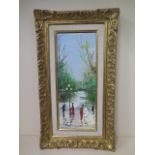 An oil on canvas Parisian scene signed Daucho in an ornate gilt frame - 64cm x 36cm - in good