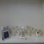 A Mappin and Webb silver plated centre piece - Height 18cm - a pair of plated candle sticks, two