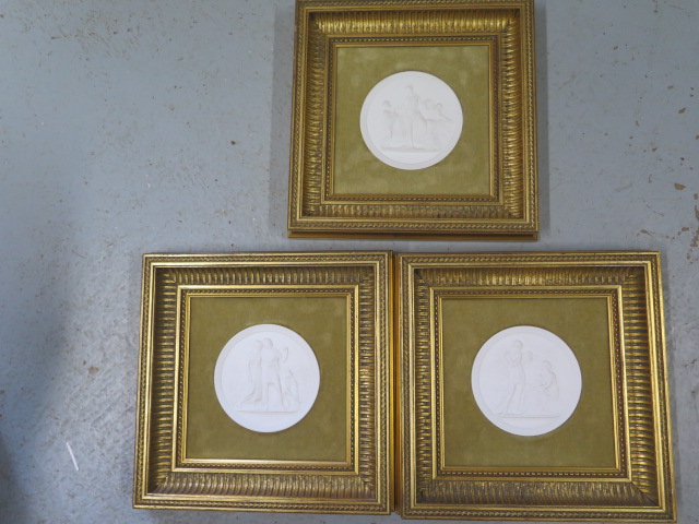 Three Royal Copenhagen Parian type Classical plaques in gilt frames - 33cm x 33cm - all good