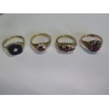 Four 9ct yellow gold rings, all hallmarked, sizes O/R/U/W, total weight approx 13.7 grams, all