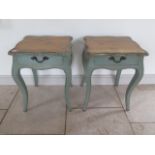A pair of shabby chic painted side tables with an oak top above a drawer, 66cm tall x 50cm x 45cm