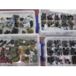 Four containers of Warhammer including Fantasy Chaos, Battle Fleet Gothic, Necron Flyer Space