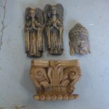 A pair of carved wooden Angels - Height 44cm - a carved wooden corbel - Height 28cm x Width 37cm and