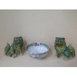 A pair of modern dogs of Fo and a famille rose bowl - height 12cm x diameter 26cm - all good