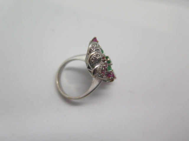 An impressive multi-gem white metal ring set with diamonds, rubies and emeralds, believed to be - Image 4 of 5