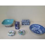 Six pieces of Oriental modern decorative ware - two bowls, two covered pots, a cloisonne caddy and a