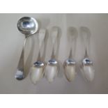 Four Irish silver spoons, Dublin 1804, maker NS, and a silver ladle, 17cm long, London 1870/11,