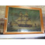 A print of a two masted sailing ship in a maple frame, frame size 60cm x 80cm, frame is flaking