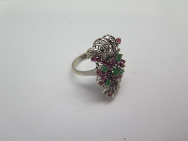 An impressive multi-gem white metal ring set with diamonds, rubies and emeralds, believed to be - Image 3 of 5