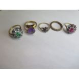 Five 9ct yellow gold dress rings, sizes M/O/R, total weight approx 15.8 grams, all have some small