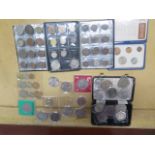 Two folders of assorted World coins, a decimal set and assorted loose commemorative and other coins