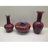 Three Cobridge Stoneware Flambe red glaze vases - Tallest 19cm - all good condition