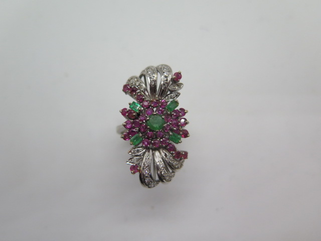 An impressive multi-gem white metal ring set with diamonds, rubies and emeralds, believed to be - Image 2 of 5