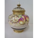 A Royal Worcester fine bone china pot pourri vase and reticulated cover with fruit still life signed