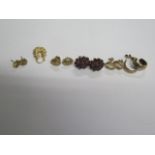 A pair of 9ct gold garnet cluster earrings, 16mm x 14mm, four other pairs of 9ct earrings and a