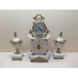 A good quality French white marble and Ormolu mounted Portico clock garniture set - clock 40cm