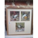 Three framed prints by Strutt of a dog being naughty, frame size 44cm x 44cm