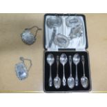 Two silver decanter labels, four plated labels, six boxed silver teaspoons and a Samson Mordan &