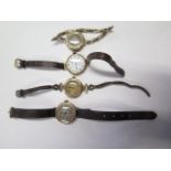 Four 9ct gold manual wind wristwatches, one on a 9ct sprung strap, largest 30mm wide, three are