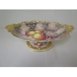 A Royal Worcester oval fine bone china dish on stand with fruit still life on a mossy bank signed