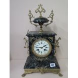 A French varigated marble mantle clock, 8 day movement, case decorated with gilded mounts, ceramic