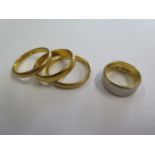 Three 22ct gold rings, two hallmarked, sizes O, Q, T, and a hallmarked 22ct yellow and white metal