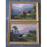 Two oil on canvas highland scenes with cattle to the foreground signed H R Hall (Henry Robinson Hall