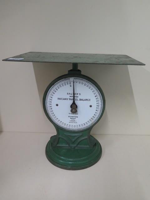 A set of scales marked Railway Parcels, 36cm tall, reasonably good condition
