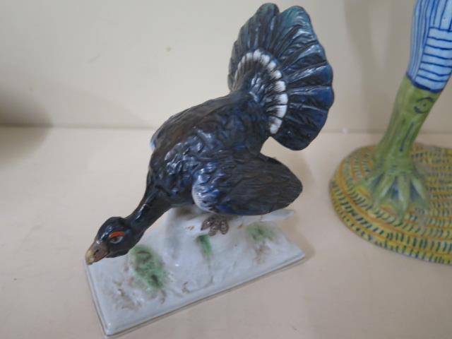 A faience type frog candle stick, 32cm tall, and a Dresden turkey, chips and repair to turkey, - Image 2 of 7