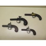 Four percussion cap muff pistols, largest 18cm long, one cocks and fires, all have wear or some