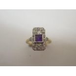 A hallmarked 9ct gold amethyst and diamond ring, size P, head approx 8mm x 16mm, approx 3 grams,