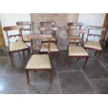 Eight 19th century sabre leg mahogany dining chairs with scroll carved backs, three chairs have very
