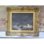 A good oil painting on oak panel, Shipwreck scene, in a gilt swept frame, unsigned, frame size