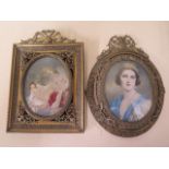 Two oval miniatures in ornate gilt frames, 14cm x 10cm, and 14cm x 11cm, both unsigned and both good